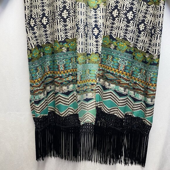 Dizzy Lizzy Bohemian Aztec Fringe Hem Open Front Cardigan Women Small Multicolor - Picture 10 of 15